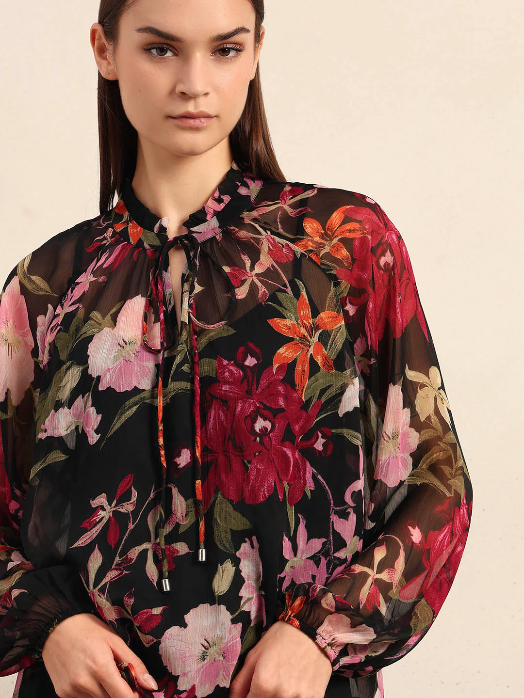 Flowy Floral Print Tie-Neck Top - Image 6