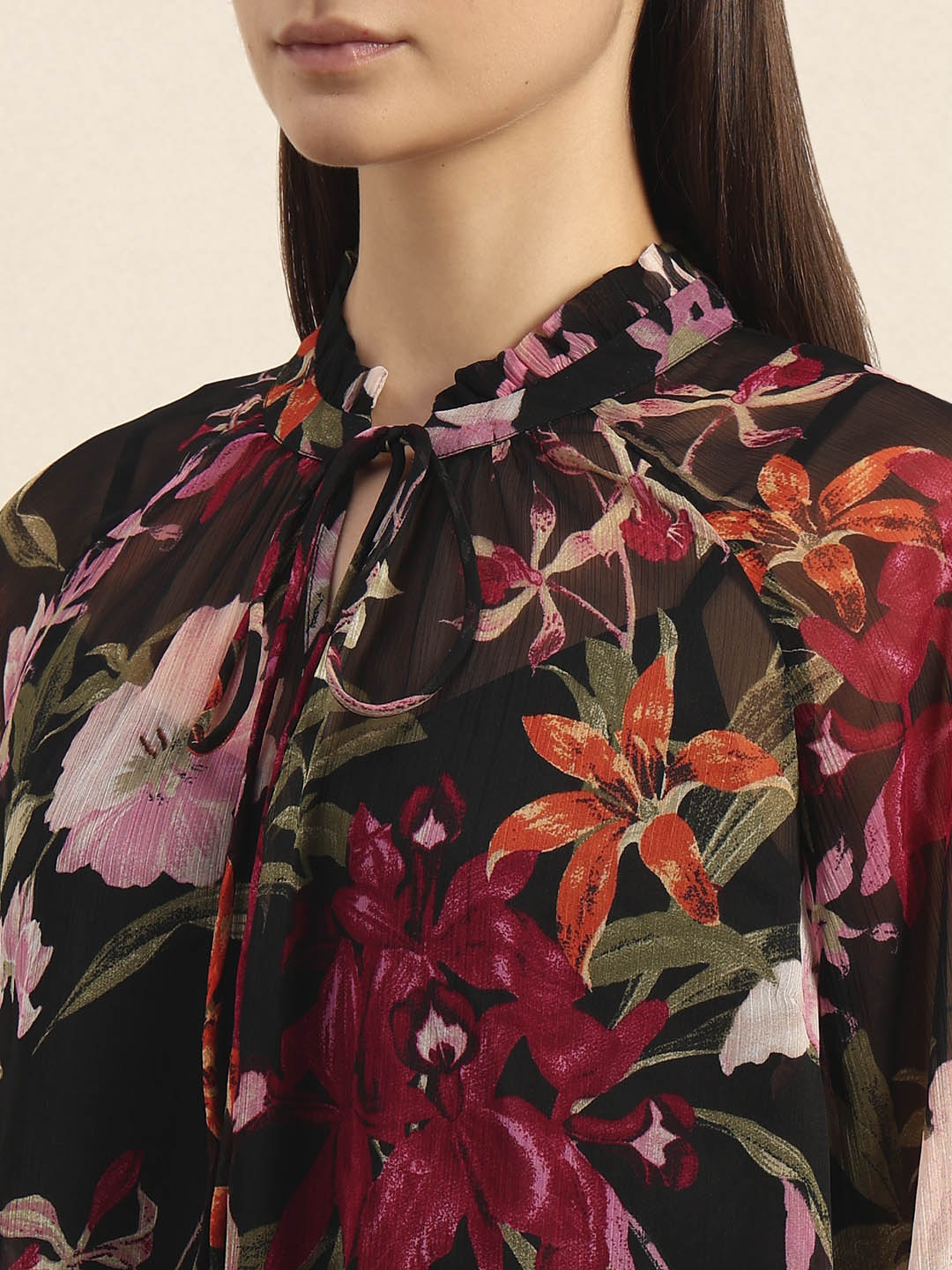 Flowy Floral Print Tie-Neck Top - Image 8