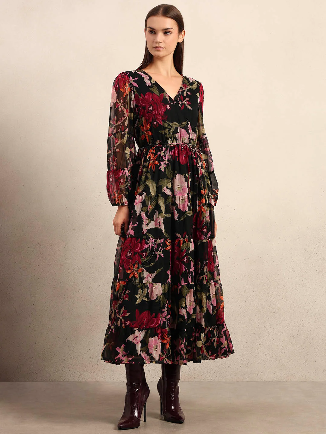 Black Floral Print Tiered Dress - Image 2
