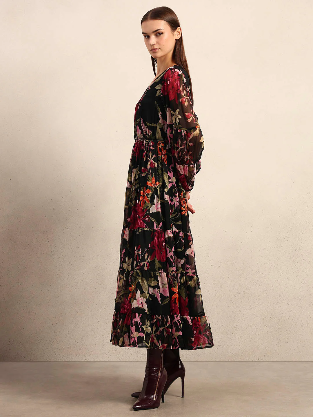Black Floral Print Tiered Dress - Image 3