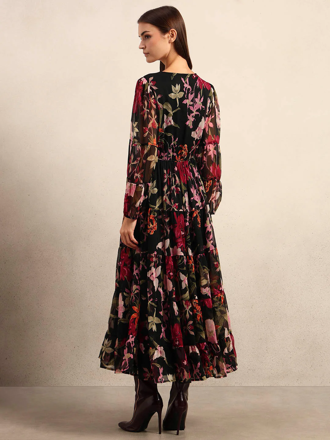 Black Floral Print Tiered Dress - Image 4