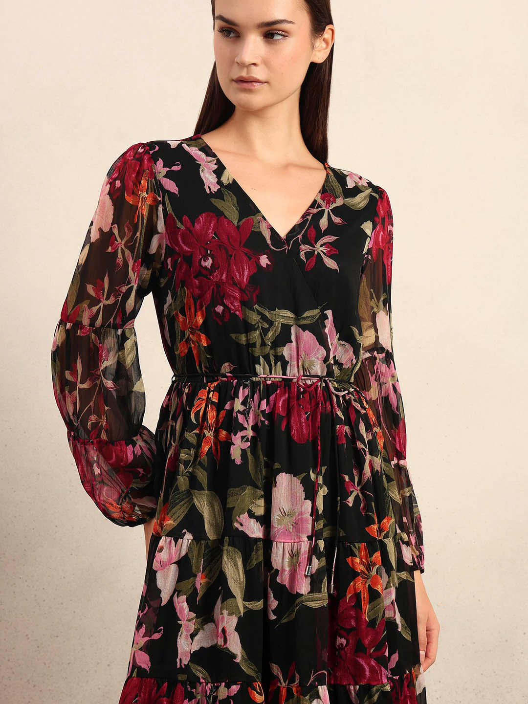 Black Floral Print Tiered Dress - Image 5