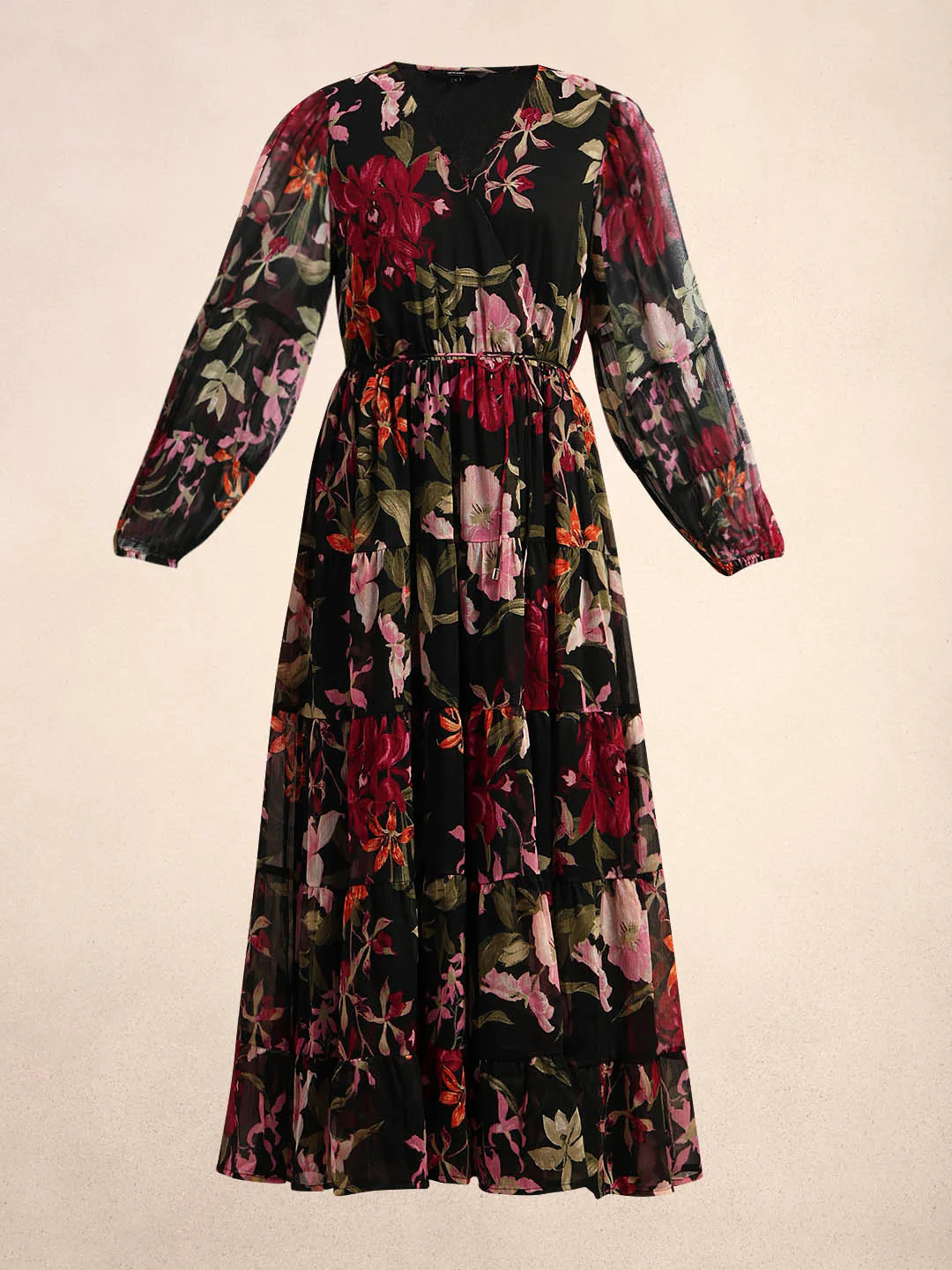 Black Floral Print Tiered Dress - Image 7