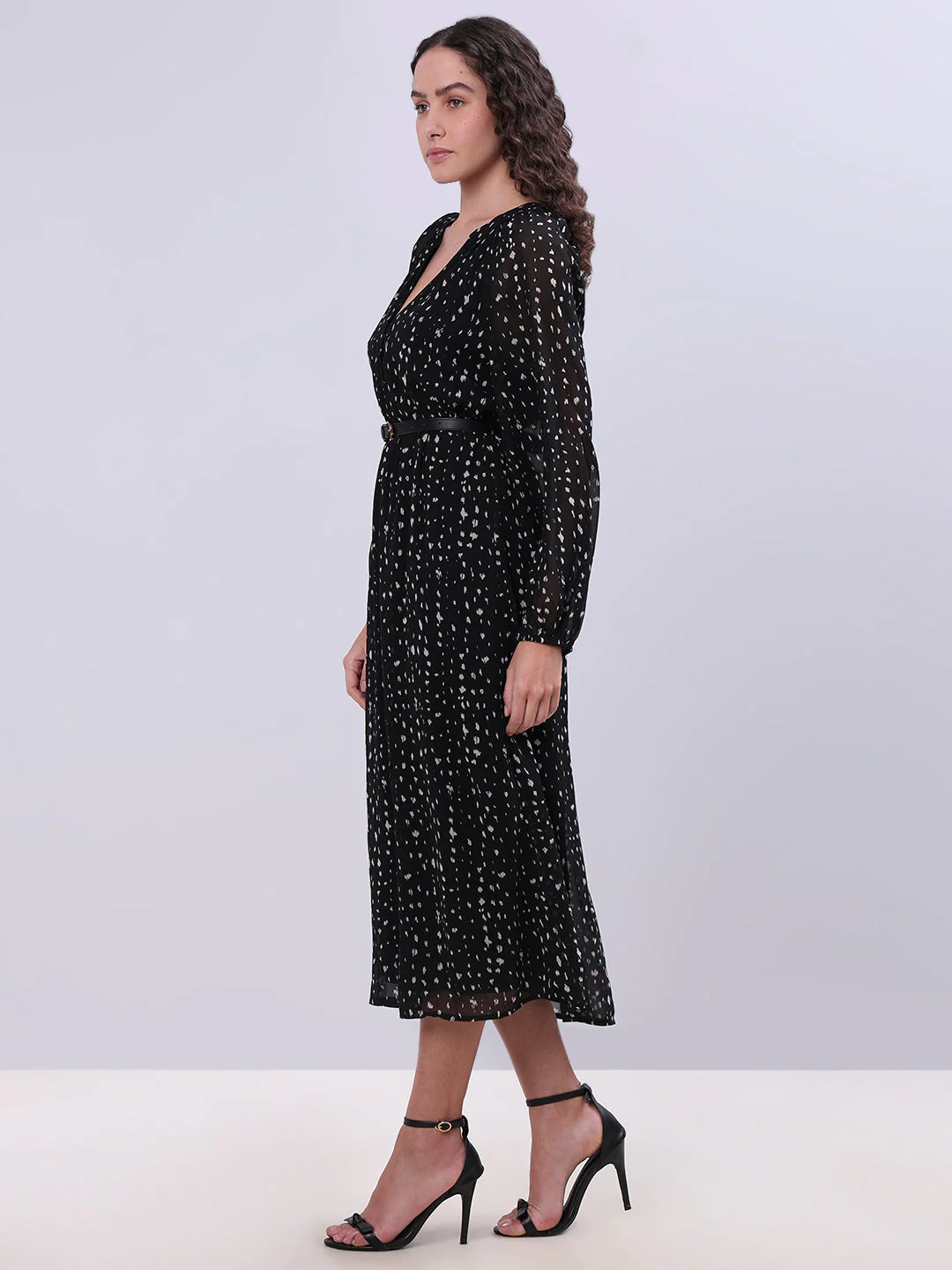 Printed V-Neck Belted Dress - Image 3