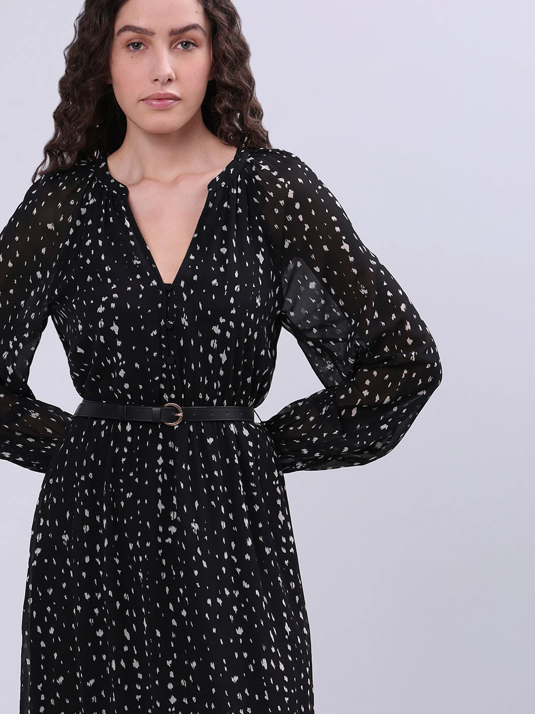 Printed V-Neck Belted Dress - Image 5