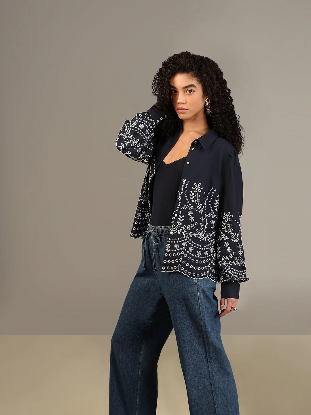 Organic Cotton Embroidered Shirt - Navy