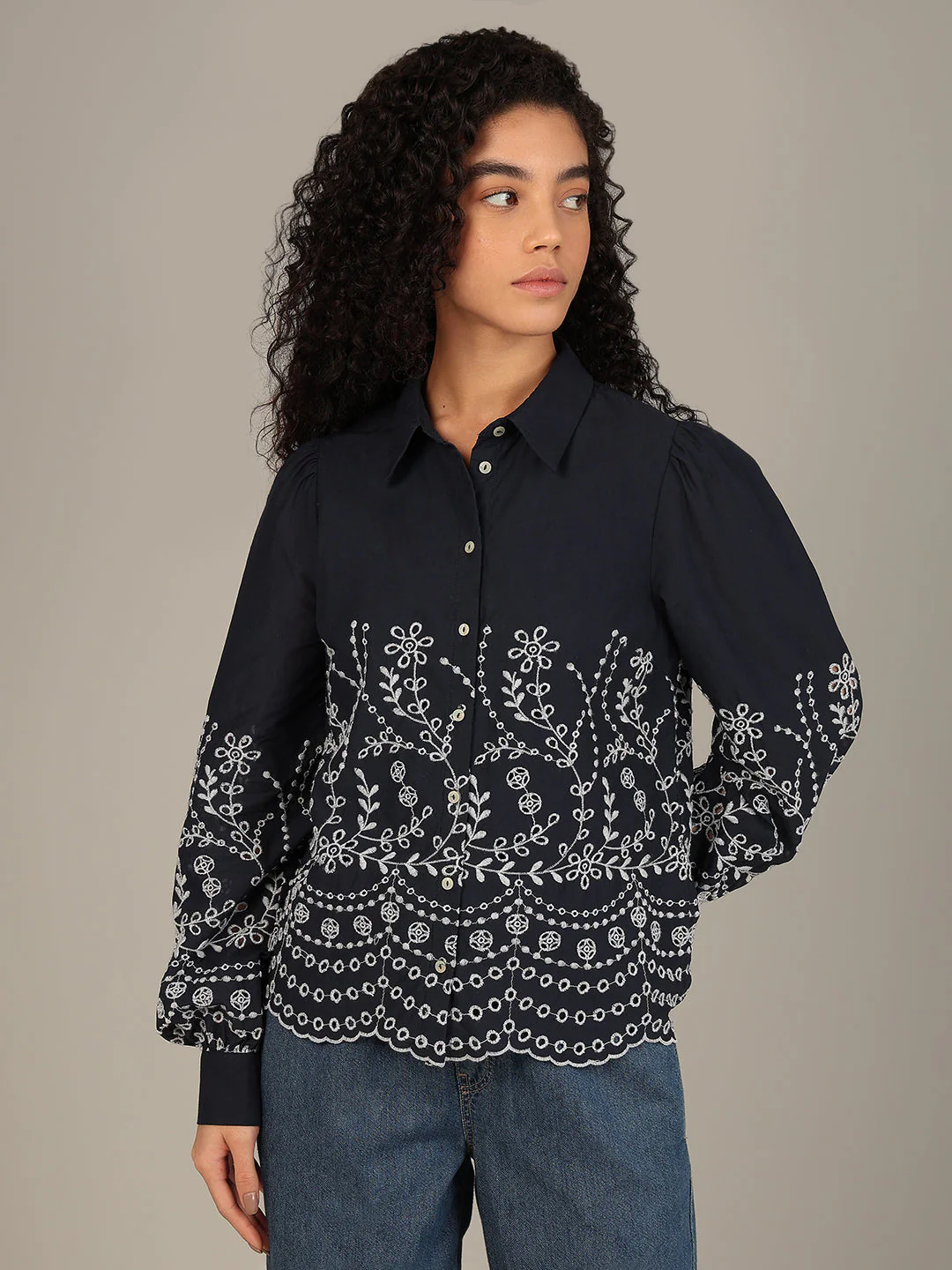 Organic Cotton Embroidered Shirt - Navy - Image 2