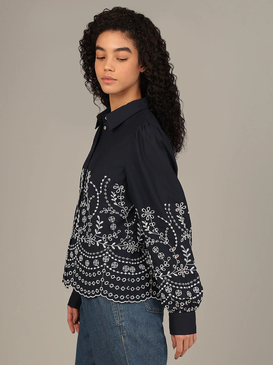 Organic Cotton Embroidered Shirt - Navy - Image 3