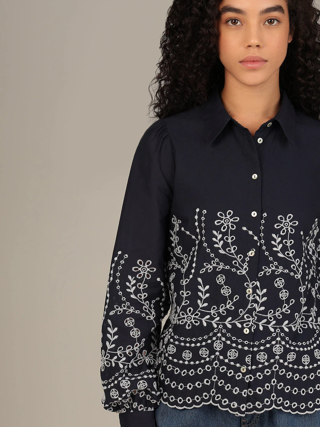 Organic Cotton Embroidered Shirt - Navy - Image 6