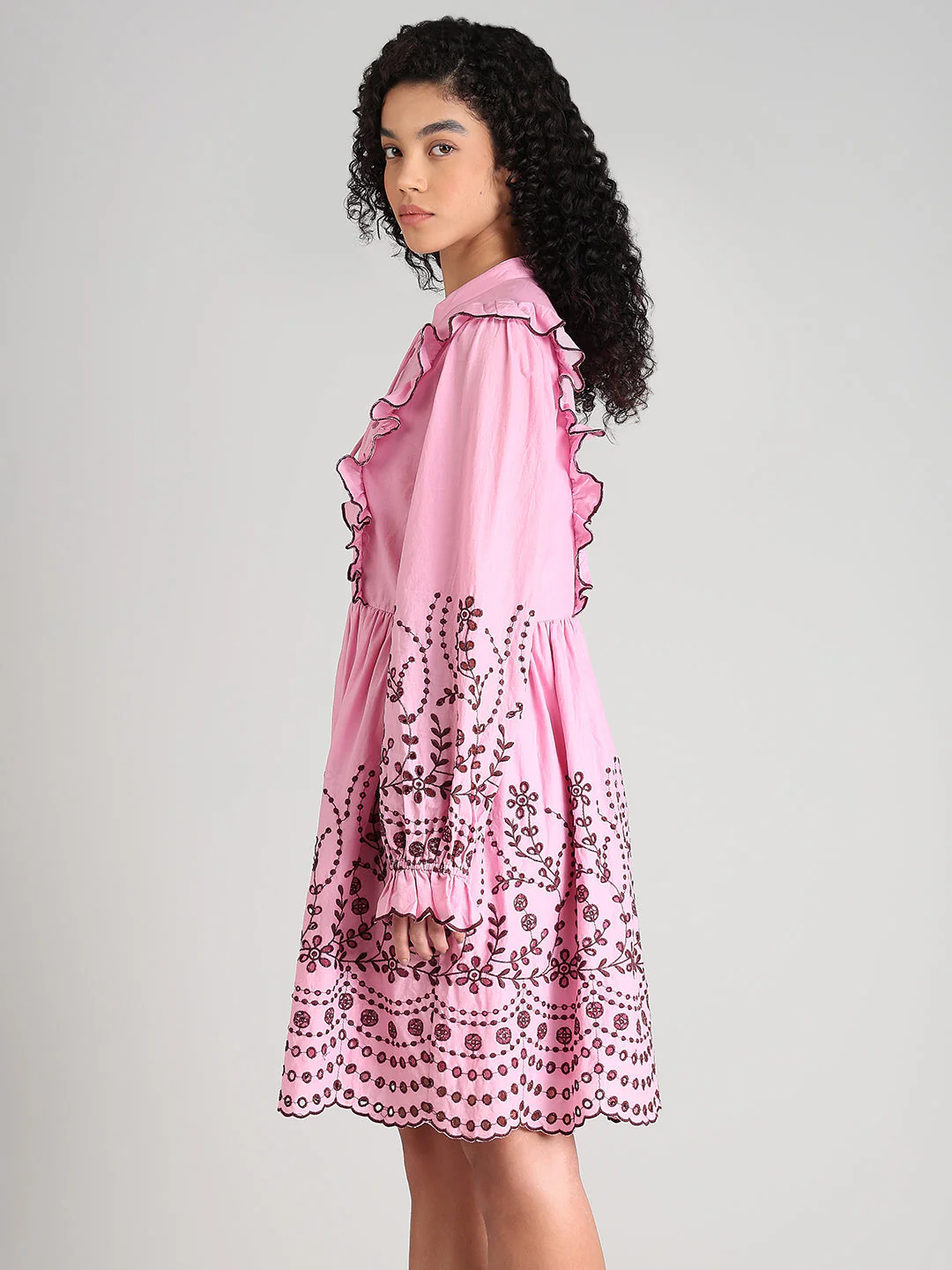Pink Smocked Embroidered Sleeves Dress - Image 3