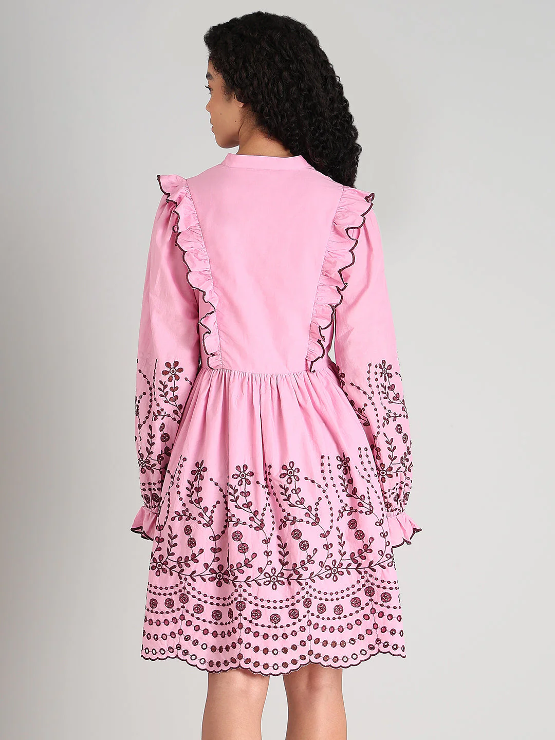 Pink Smocked Embroidered Sleeves Dress - Image 4