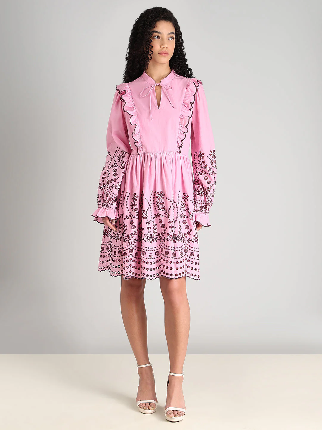 Pink Smocked Embroidered Sleeves Dress - Image 5