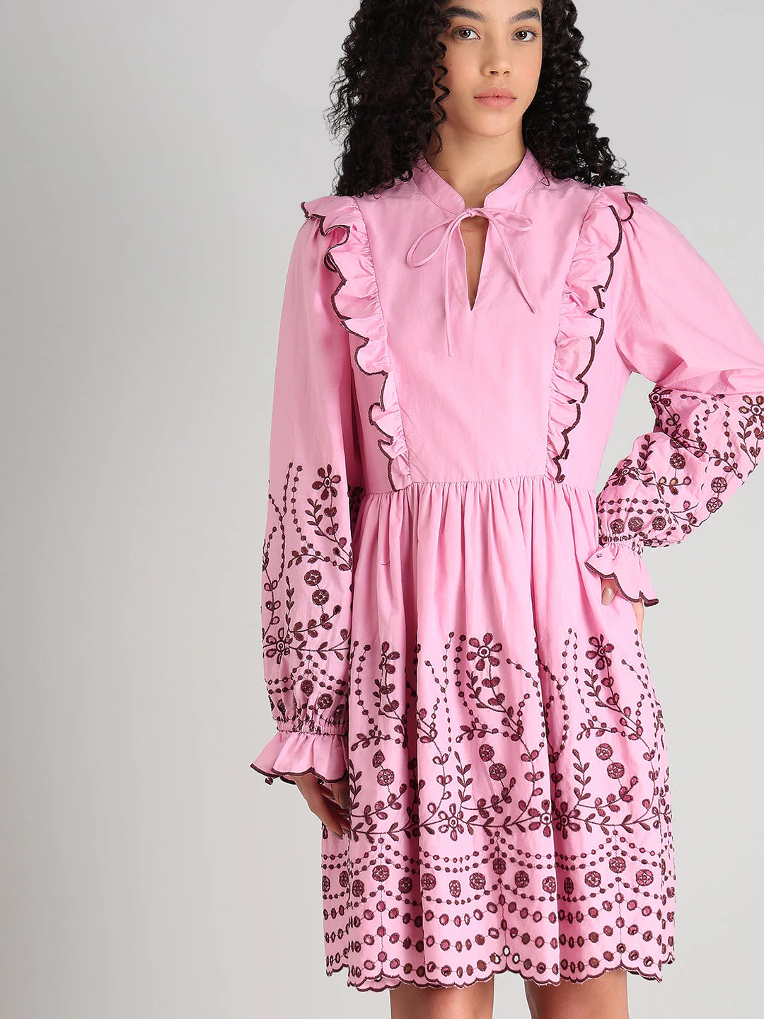 Pink Smocked Embroidered Sleeves Dress - Image 6