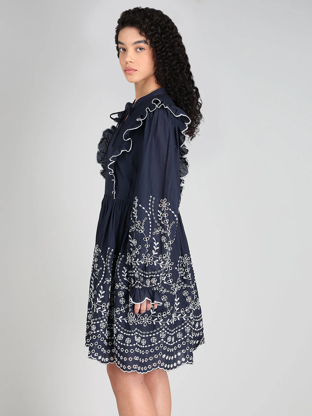 Navy Smocked Embroidered Sleeves Dress - Image 3
