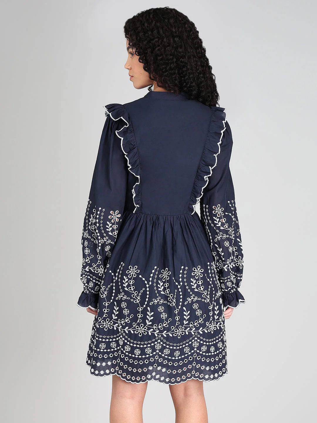 Navy Smocked Embroidered Sleeves Dress - Image 4