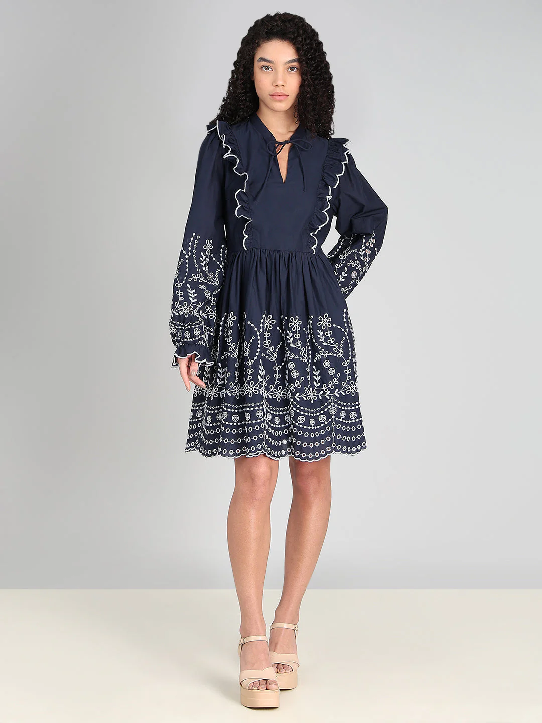 Navy Smocked Embroidered Sleeves Dress - Image 5