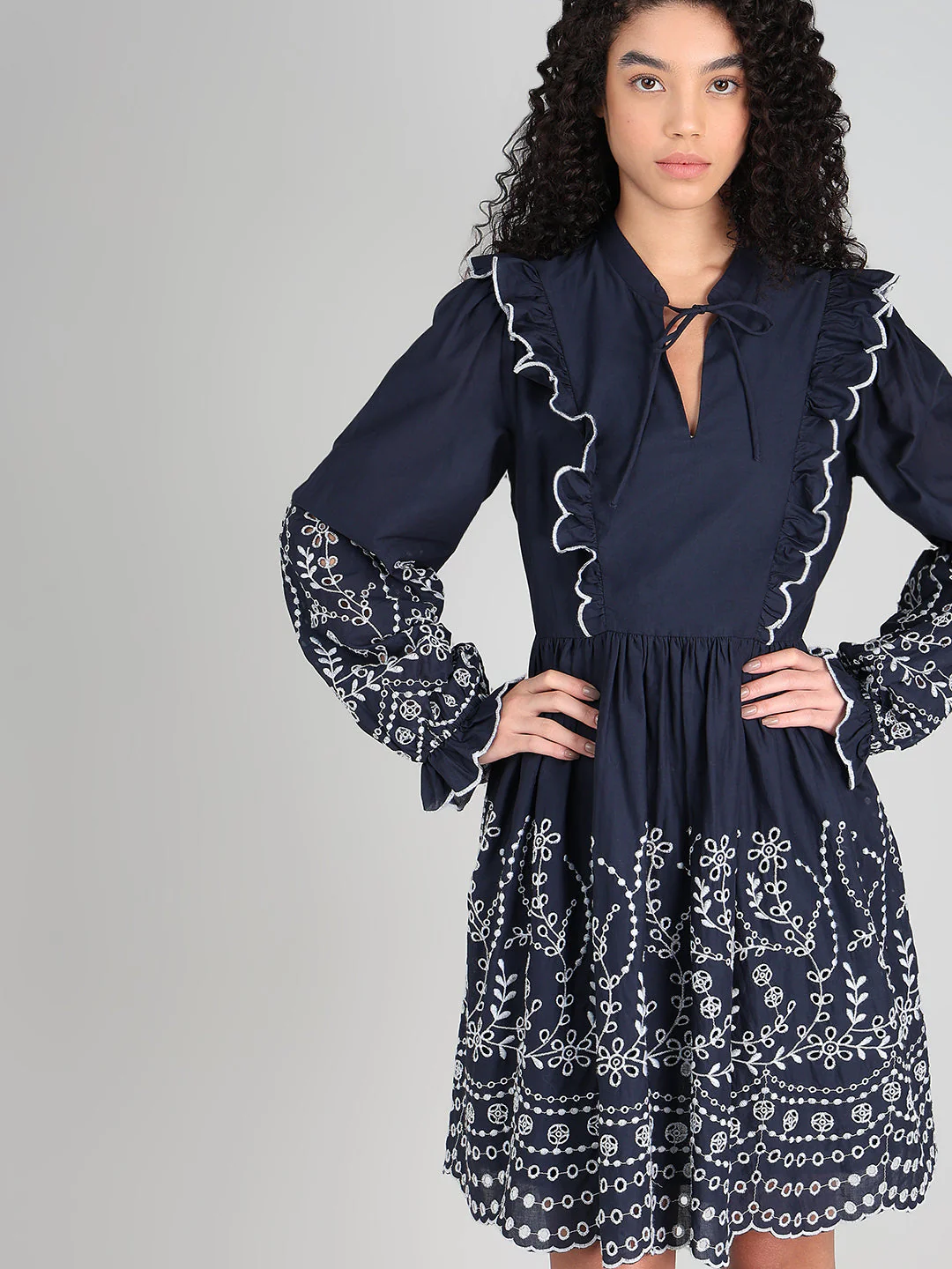 Navy Smocked Embroidered Sleeves Dress - Image 6