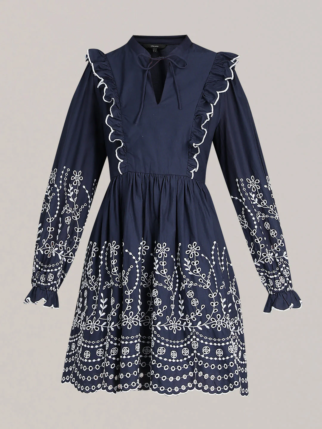 Navy Smocked Embroidered Sleeves Dress - Image 7