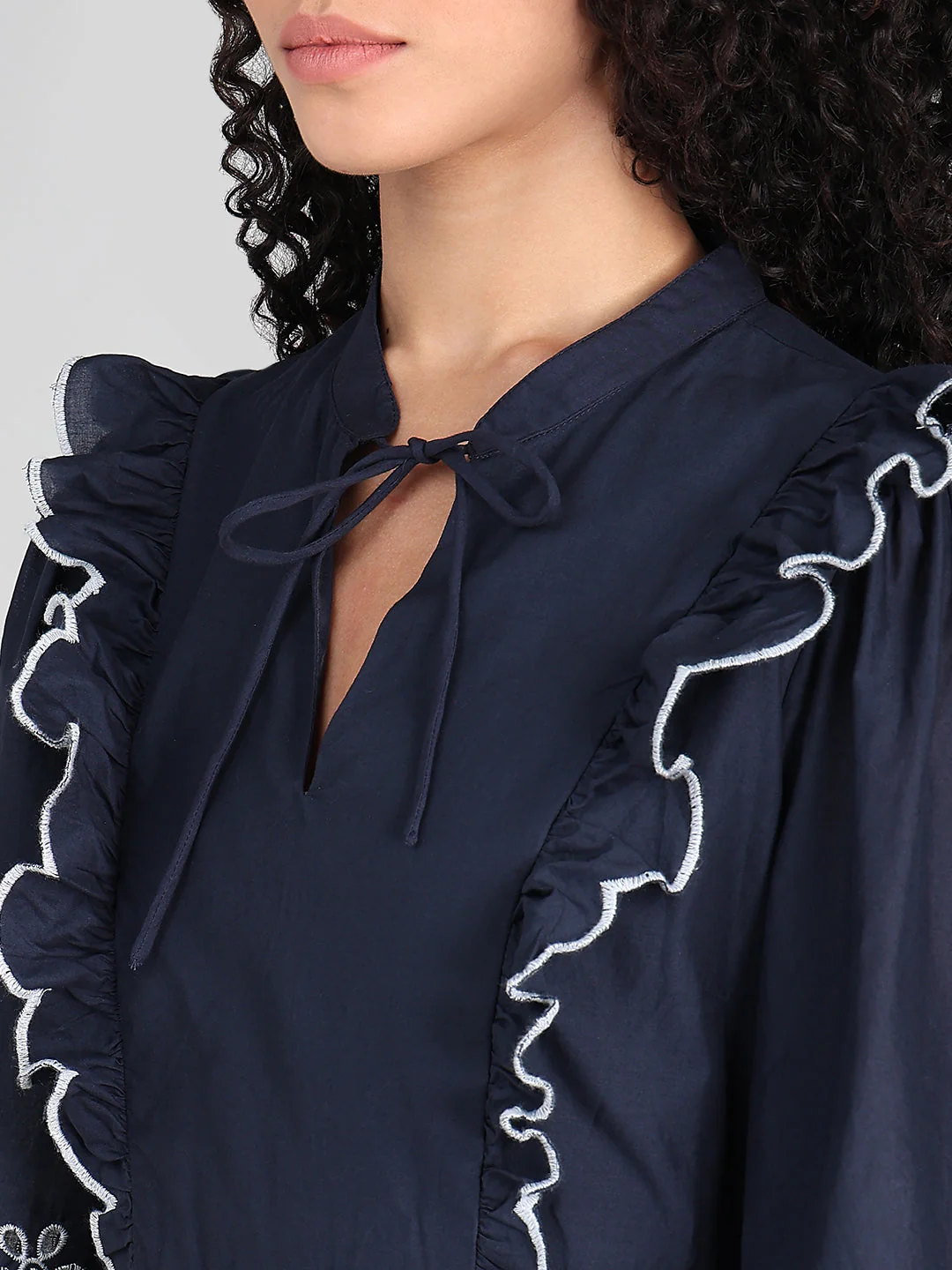 Navy Smocked Embroidered Sleeves Dress - Image 8