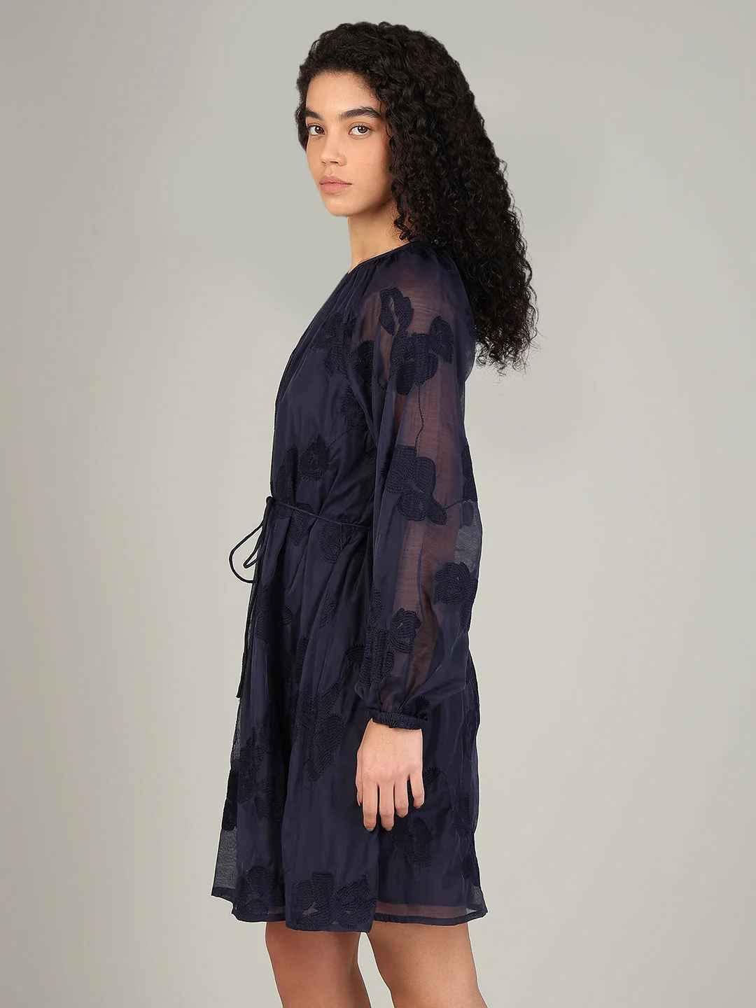 Navy Embroidered Fit & Flare Dress - Image 3