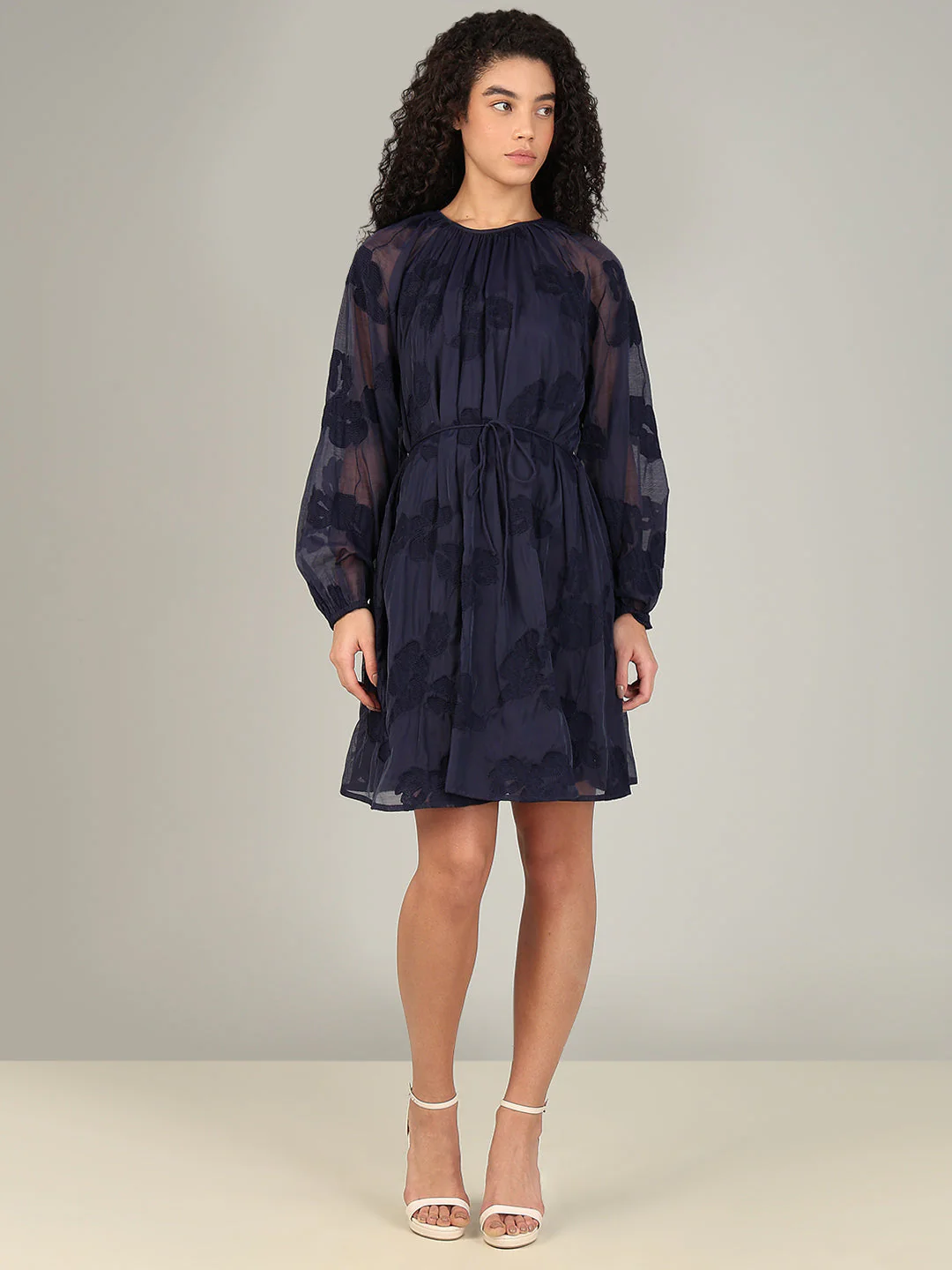 Navy Embroidered Fit & Flare Dress - Image 5
