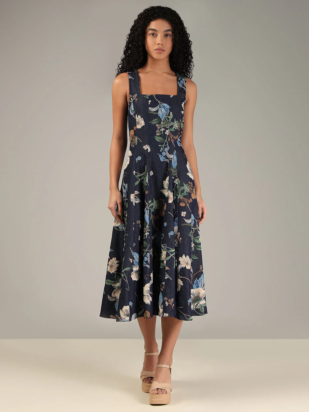 Dark Blue Denim Floral Dress - Image 2