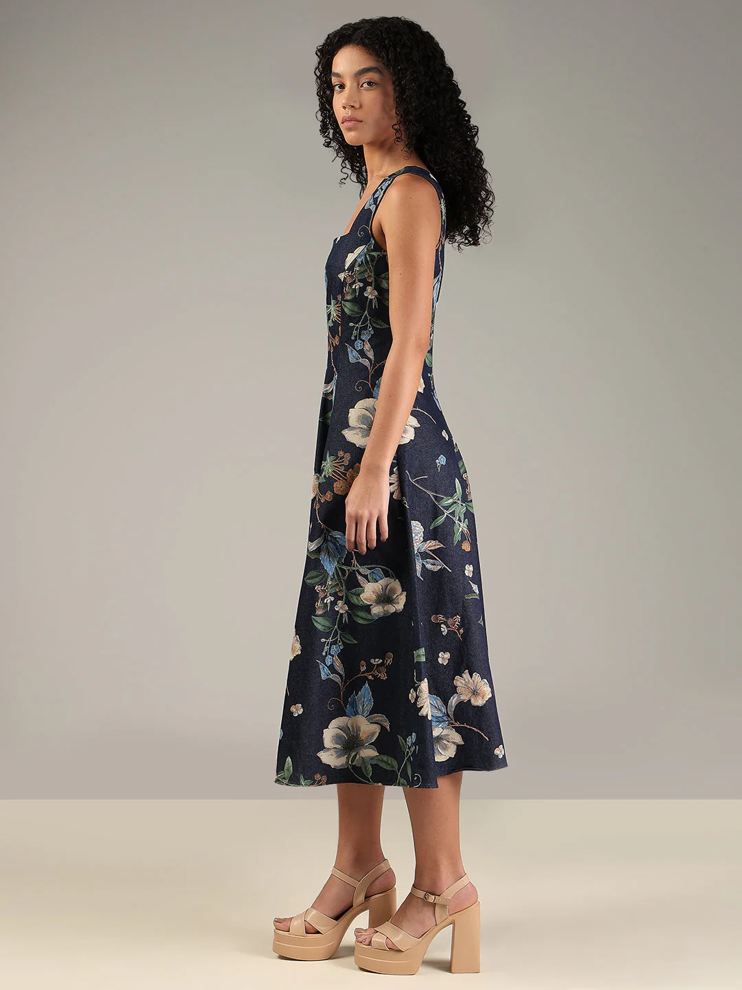 Dark Blue Denim Floral Dress - Image 3