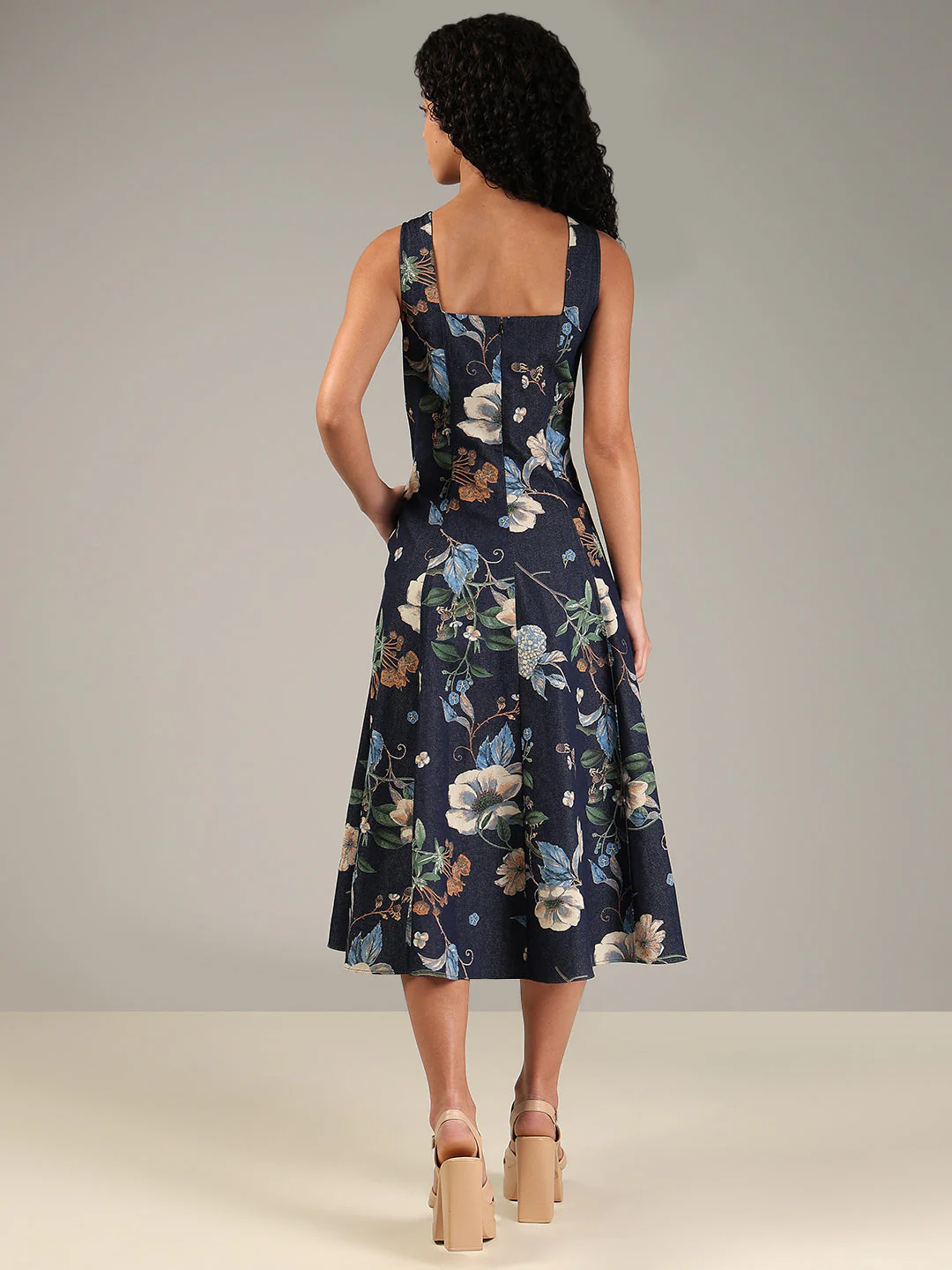 Dark Blue Denim Floral Dress - Image 4