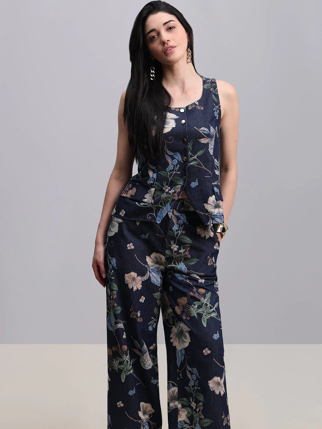Floral Print Denim Waistcoat