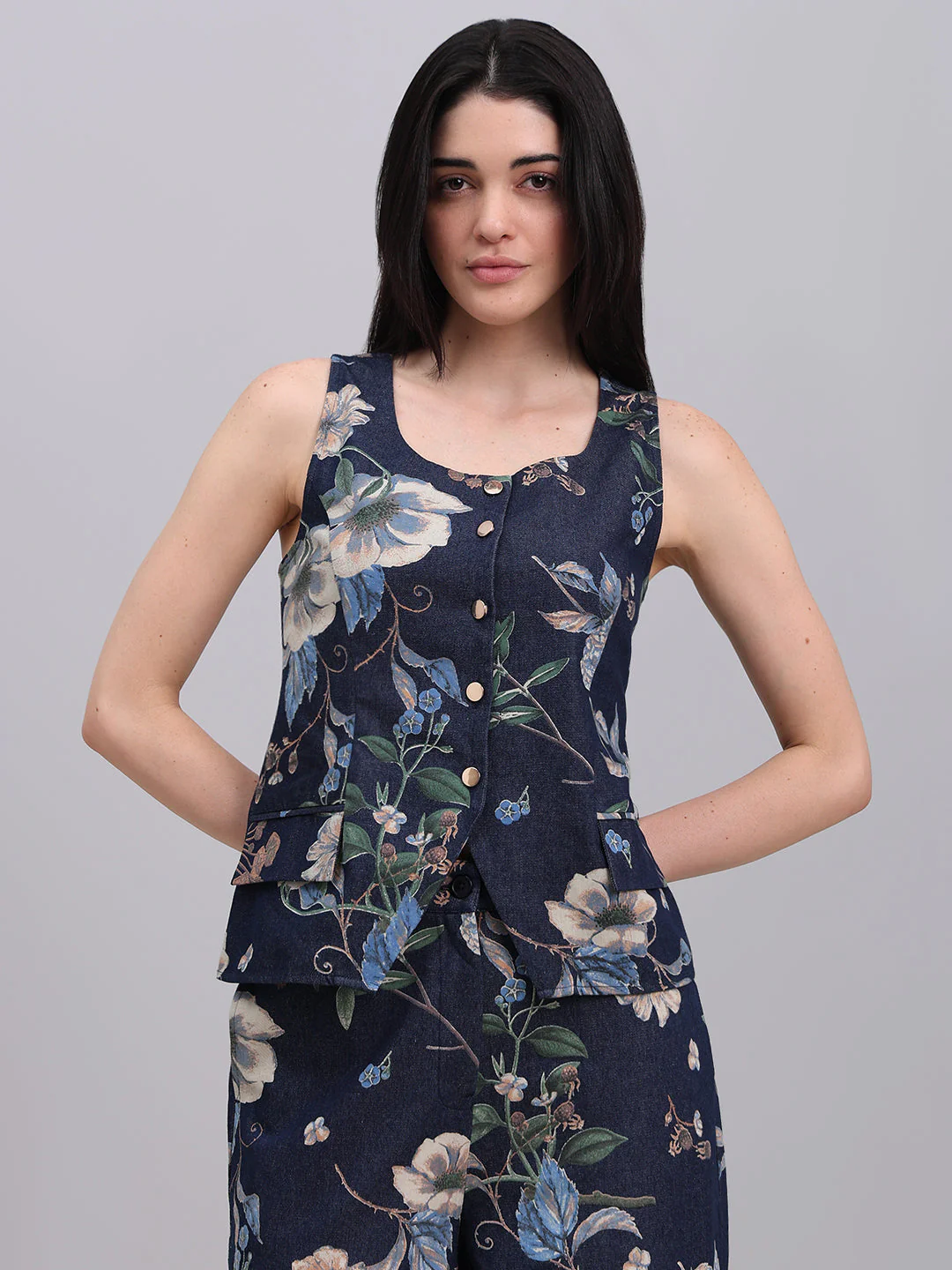 Floral Print Denim Waistcoat - Image 2
