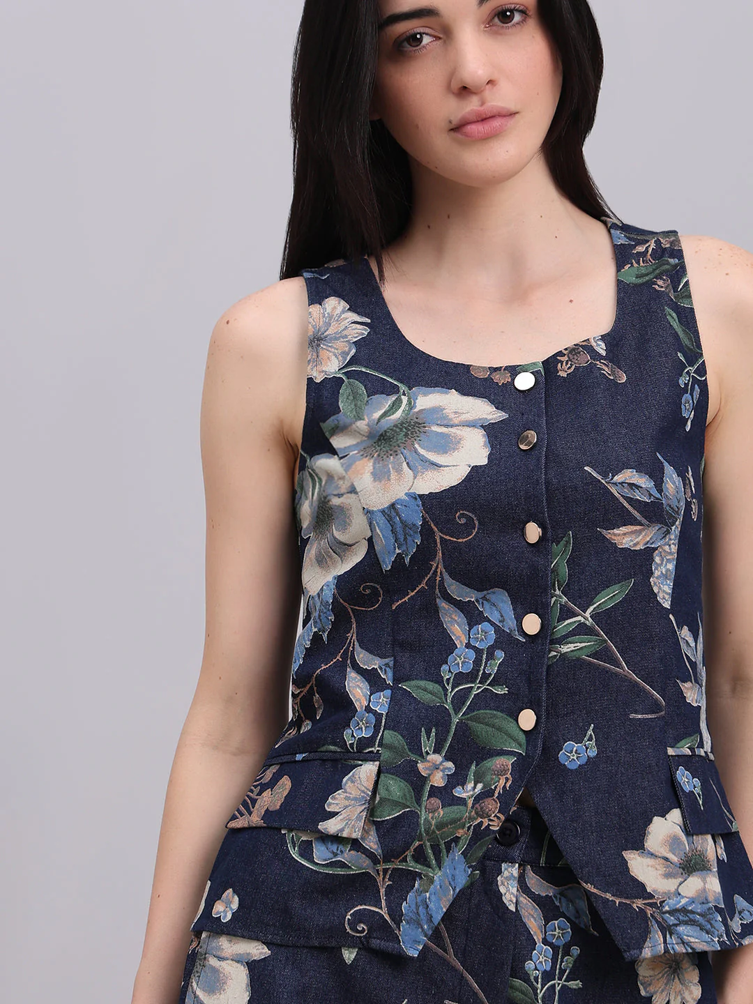 Floral Print Denim Waistcoat - Image 6