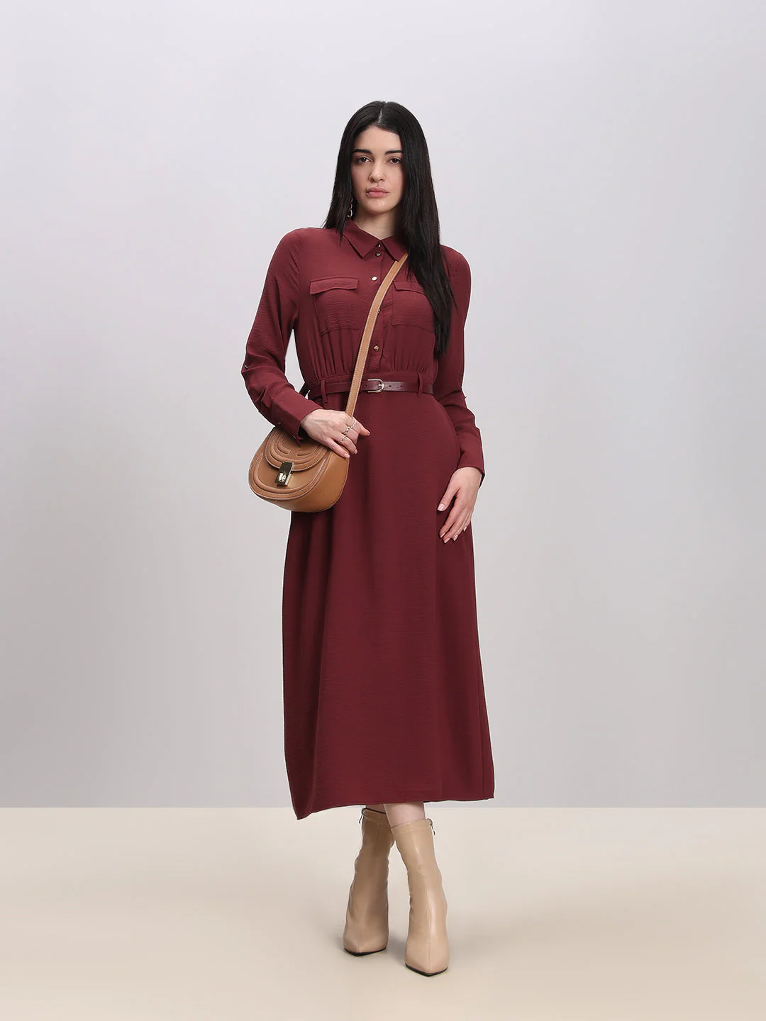 Classic Belted Midi Shirt Dress