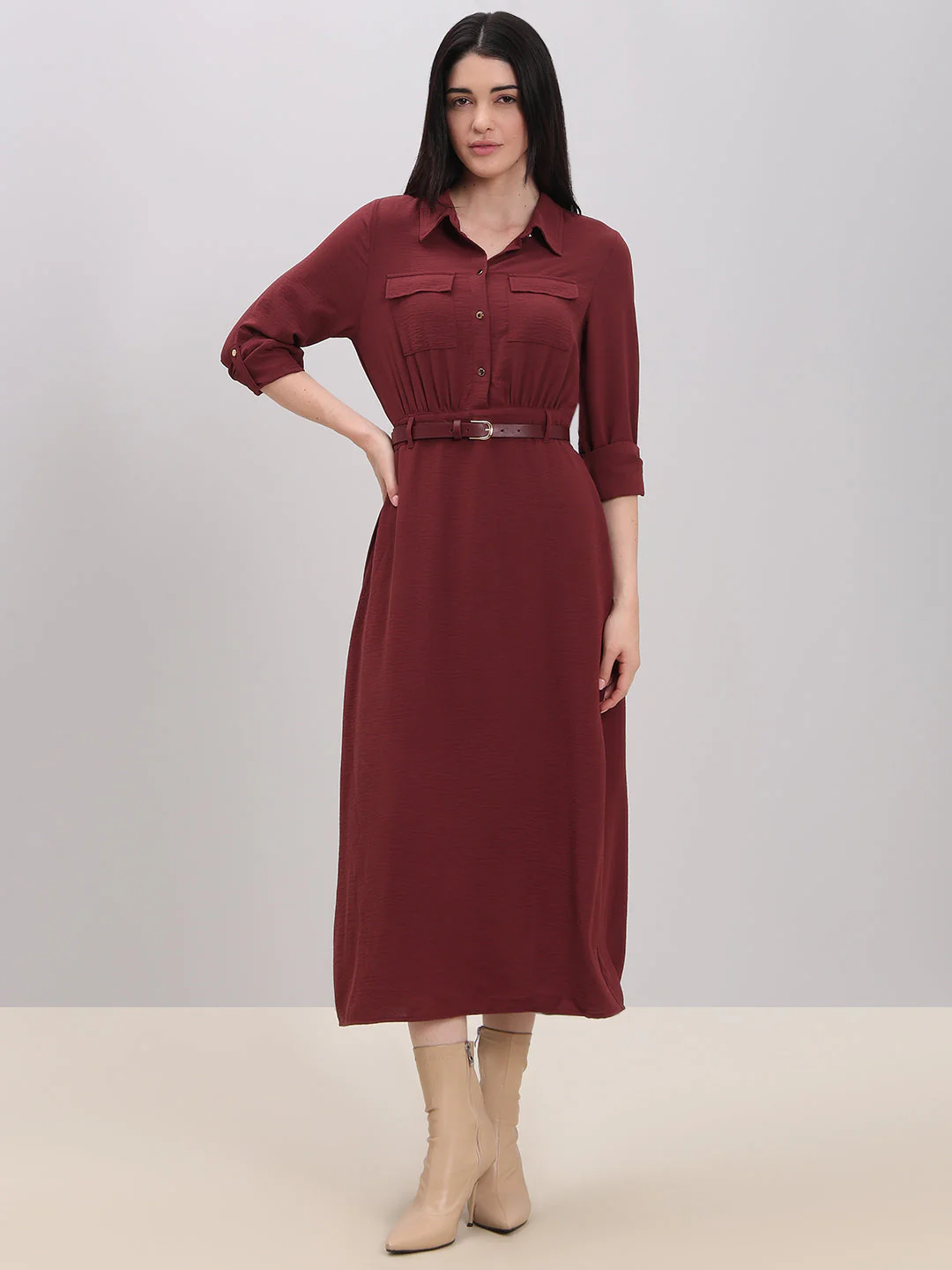 Classic Belted Midi Shirt Dress - Image 2