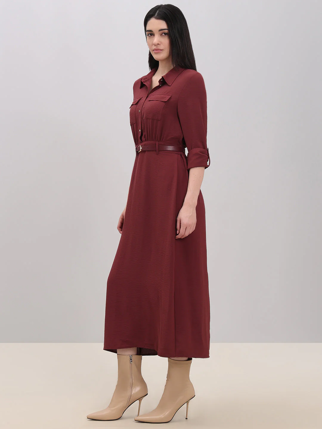 Classic Belted Midi Shirt Dress - Image 3