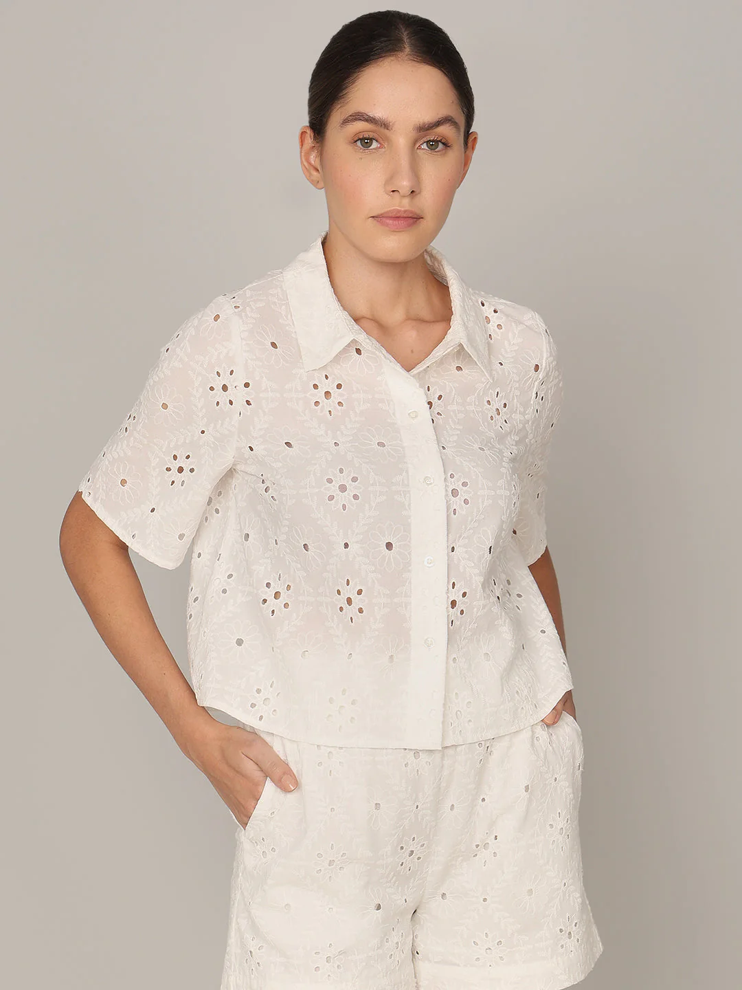 White Floral Cut-Work Shirt - Image 2