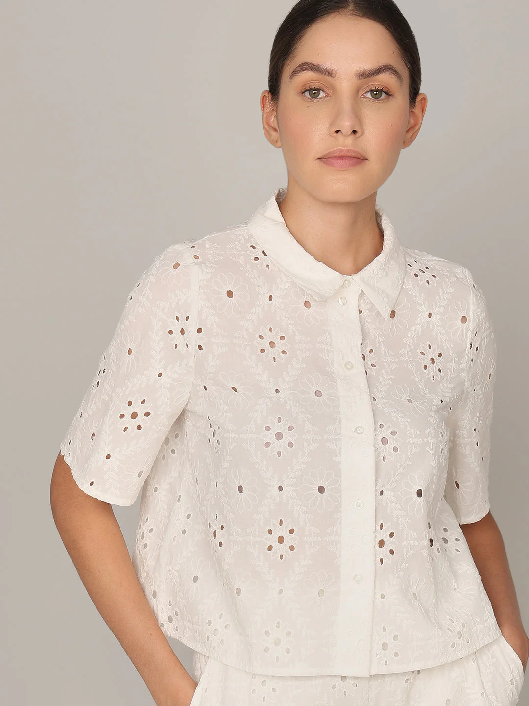 White Floral Cut-Work Shirt - Image 6