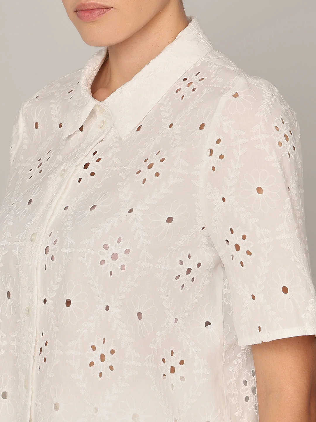 White Floral Cut-Work Shirt - Image 8