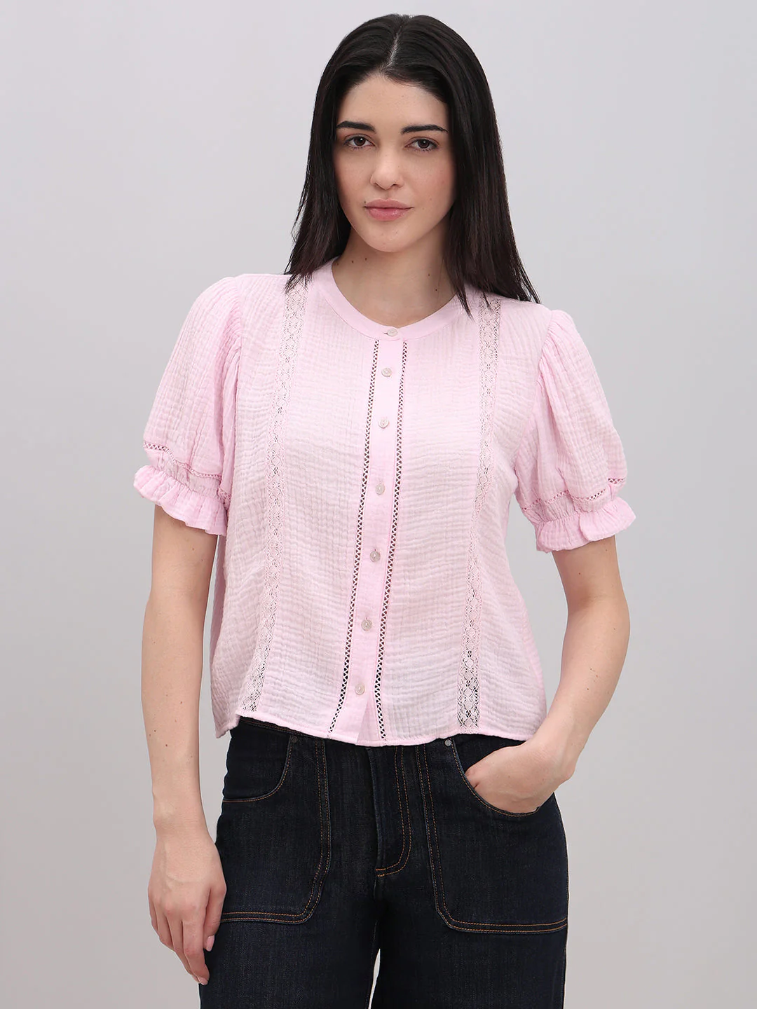 Pink Lace Detail Short Top - Image 2