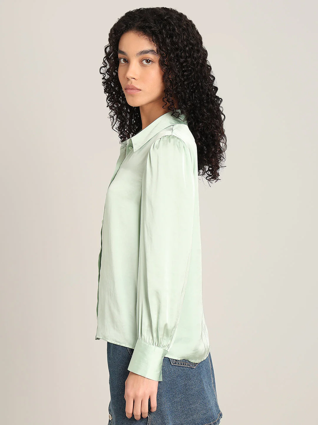 Mint Green Satin Regular Fit Shirt - Image 3
