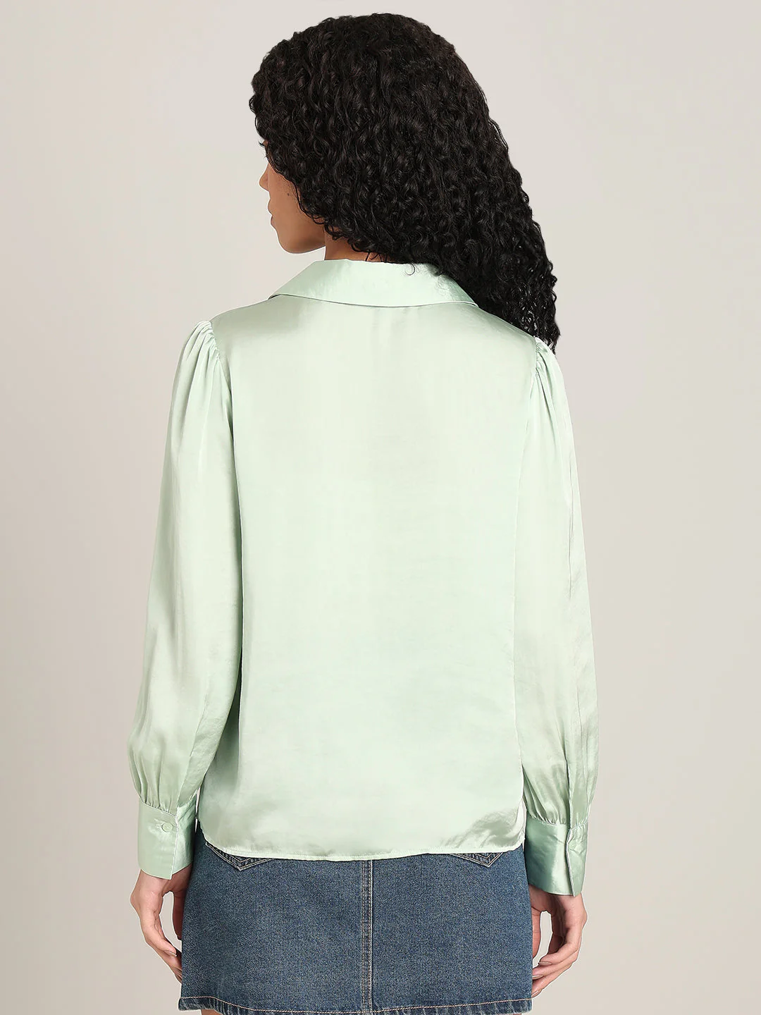 Mint Green Satin Regular Fit Shirt - Image 4
