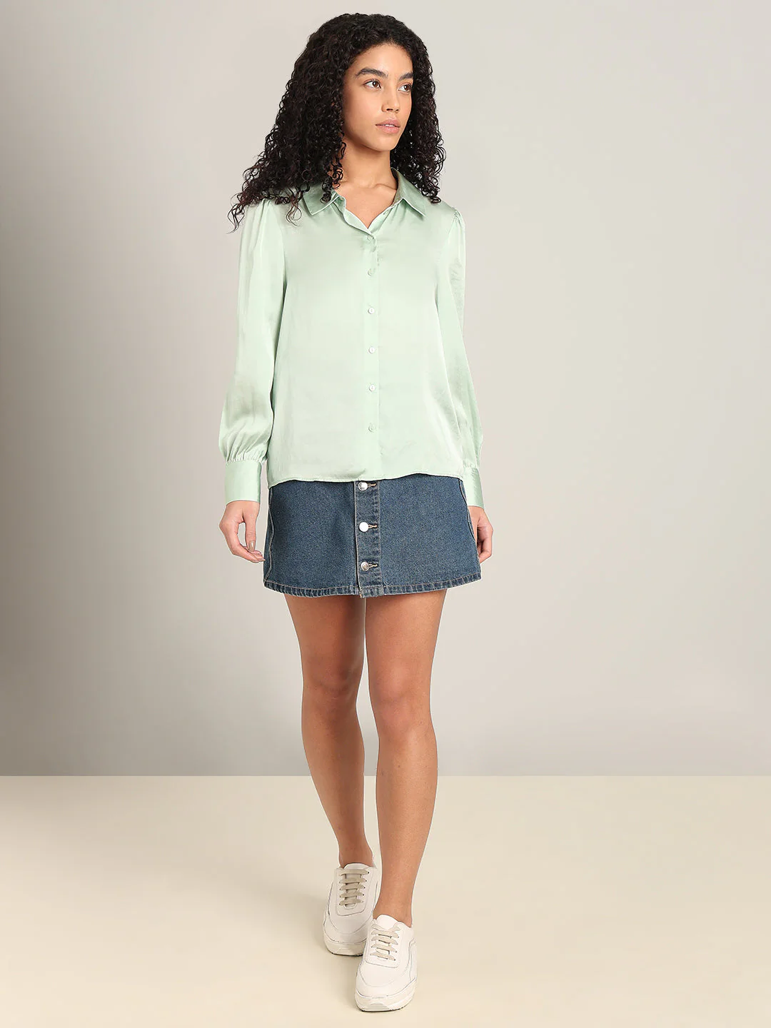 Mint Green Satin Regular Fit Shirt - Image 5