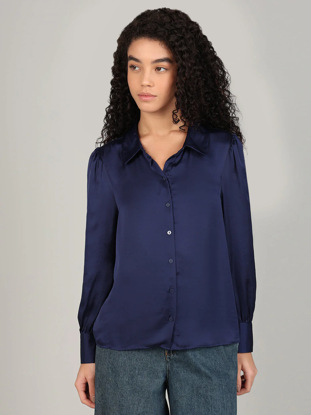 Blue Satin Regular Fit Shirt - Image 2