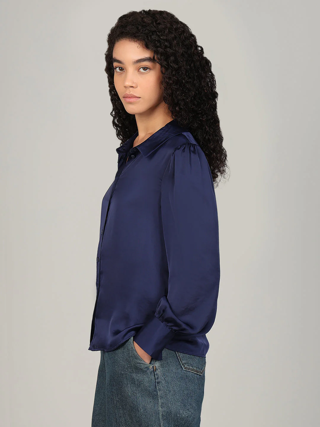 Blue Satin Regular Fit Shirt - Image 3