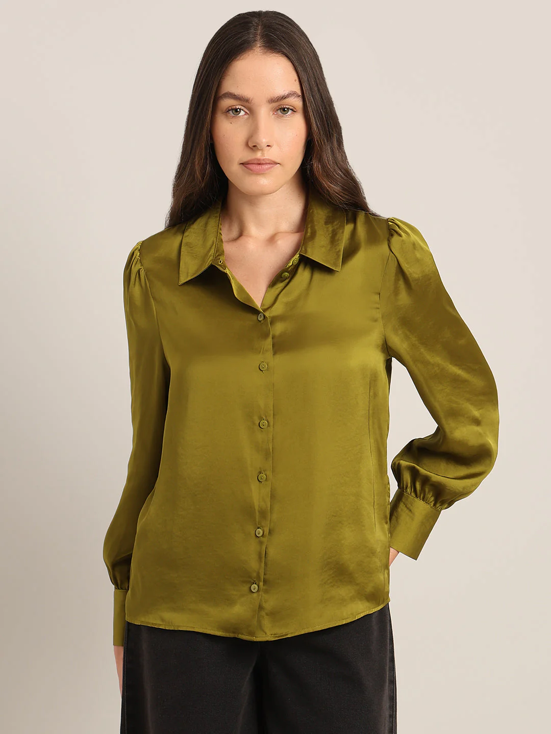 Mustard Satin Regular Fit Shirt - Image 2