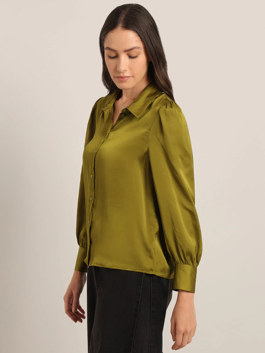 Mustard Satin Regular Fit Shirt - Image 3