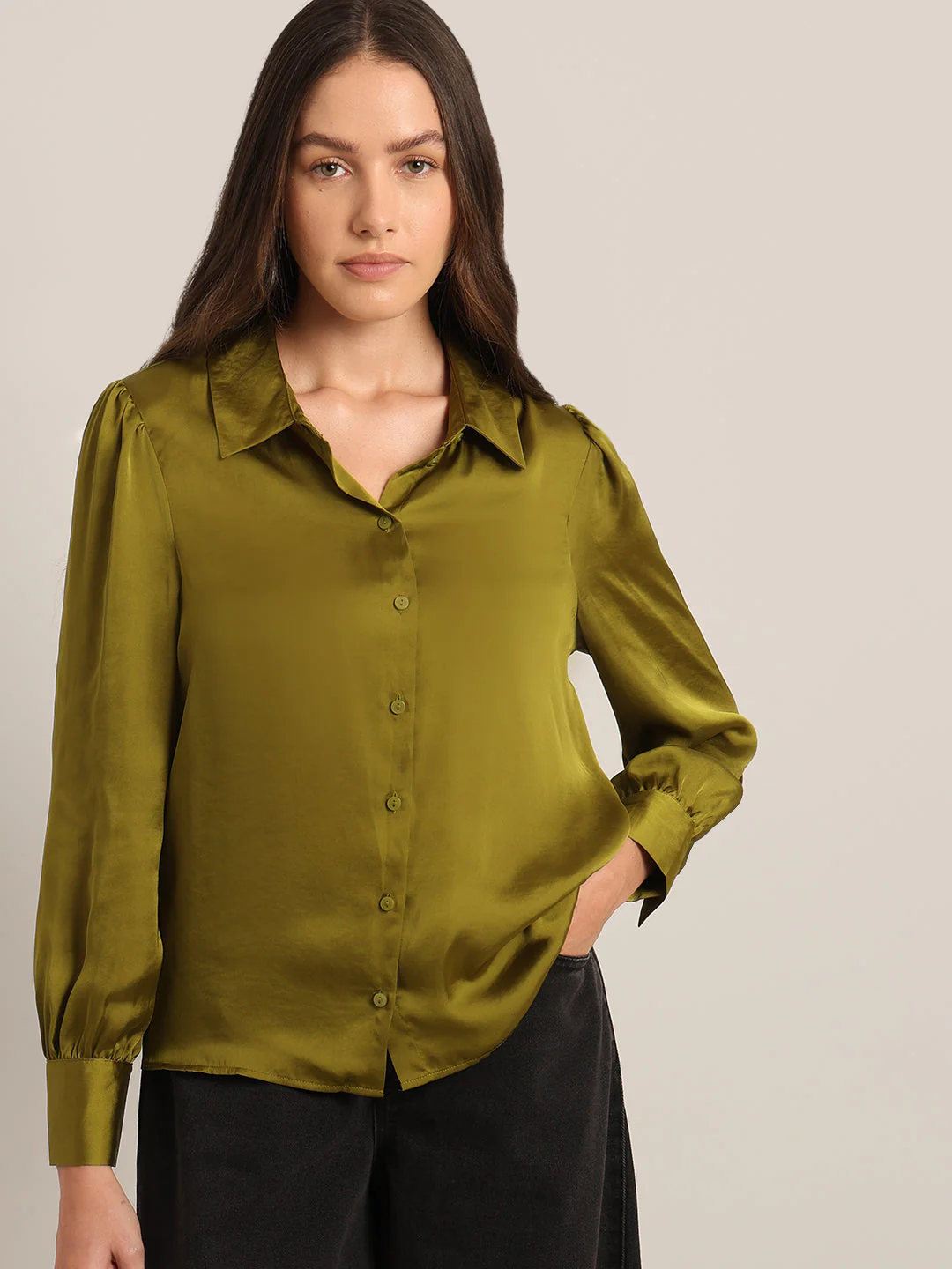 Mustard Satin Regular Fit Shirt - Image 6