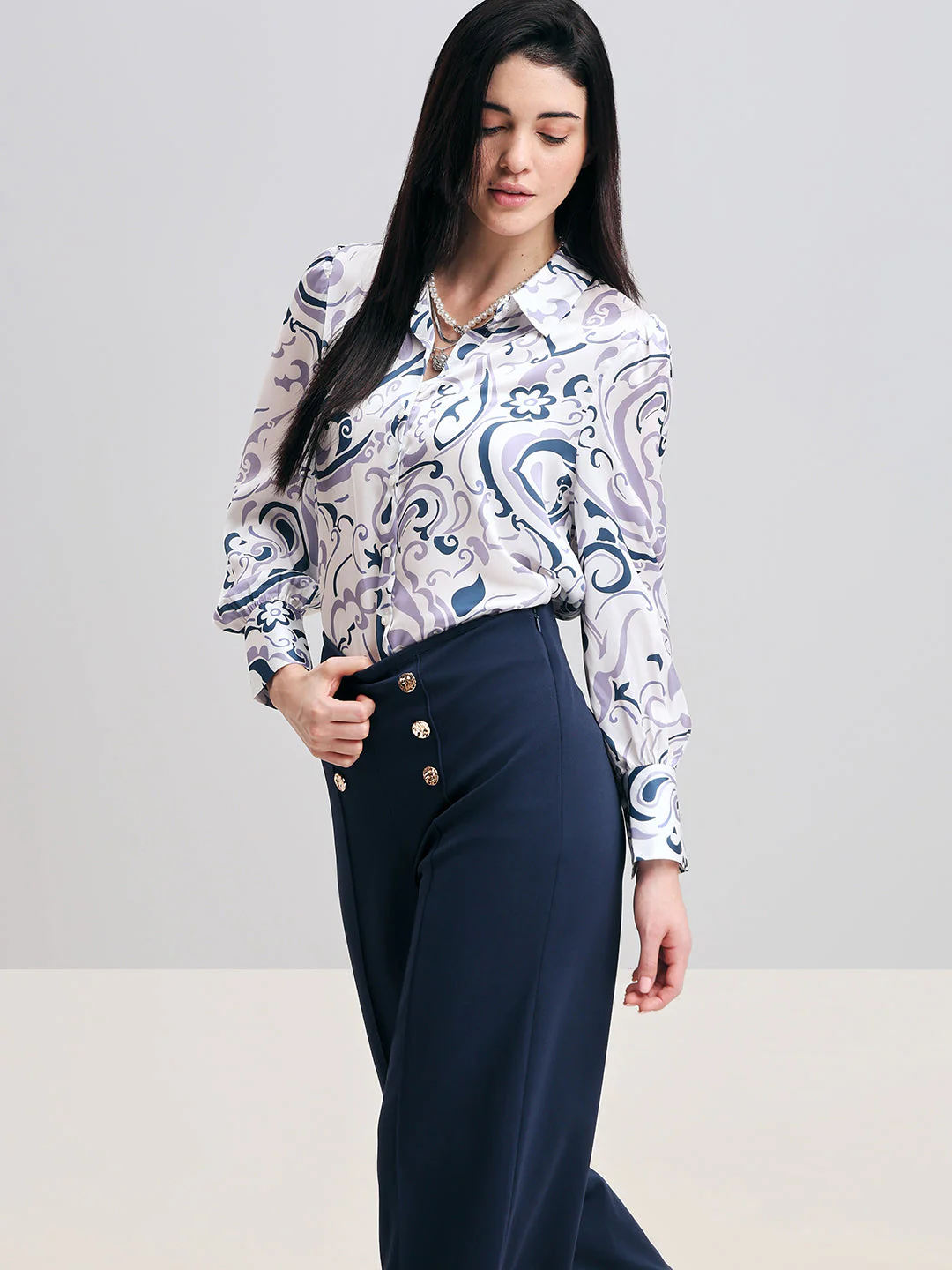 White & Blue Paisley Print Shirt