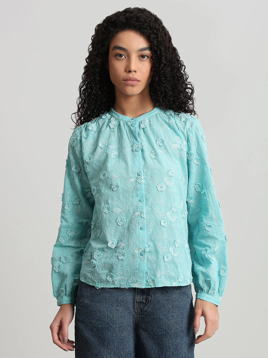 Aqua Floral Textured Cotton Top - Image 2