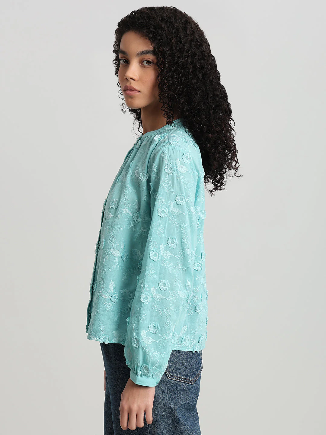 Aqua Floral Textured Cotton Top - Image 3