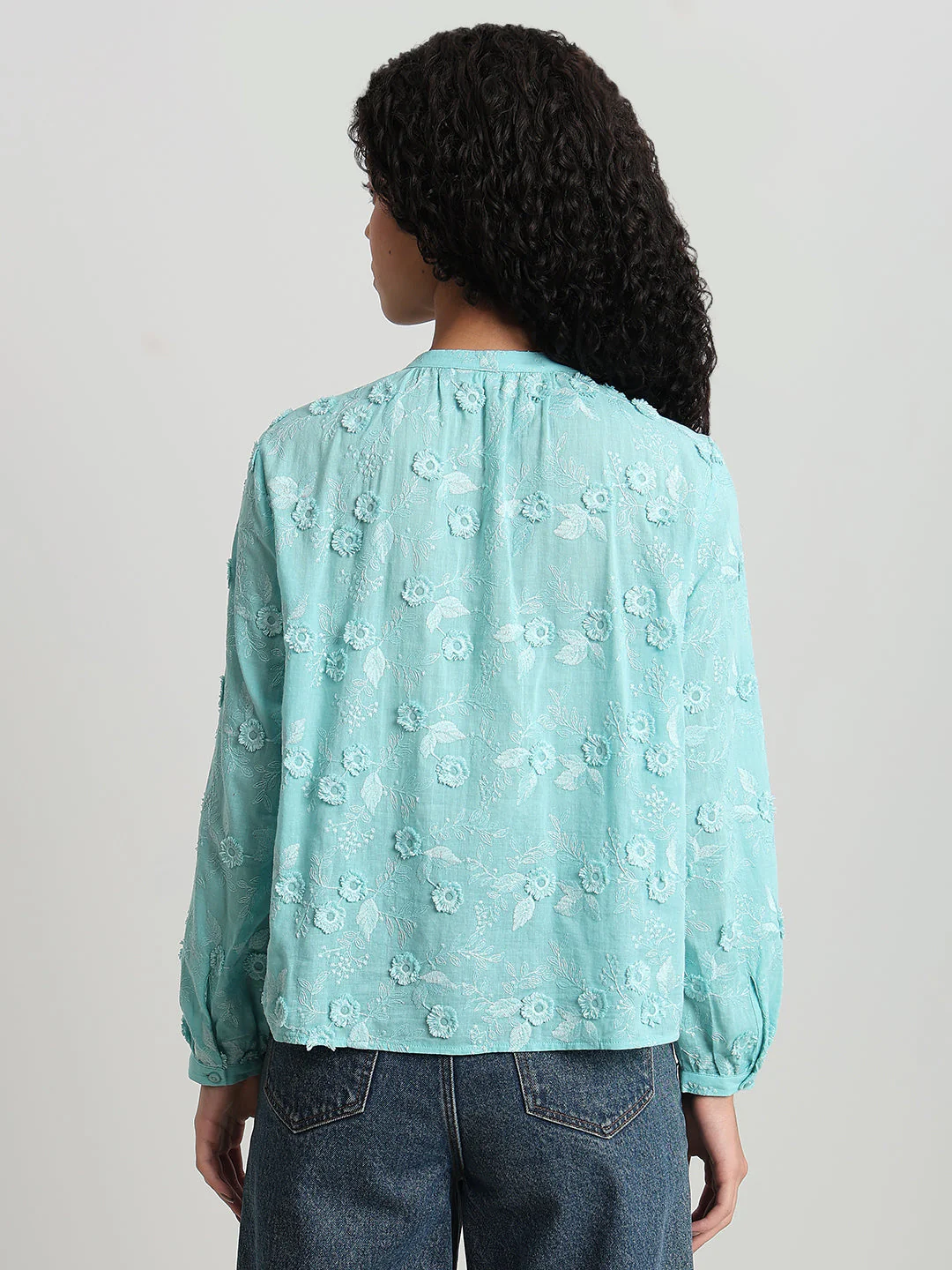 Aqua Floral Textured Cotton Top - Image 4